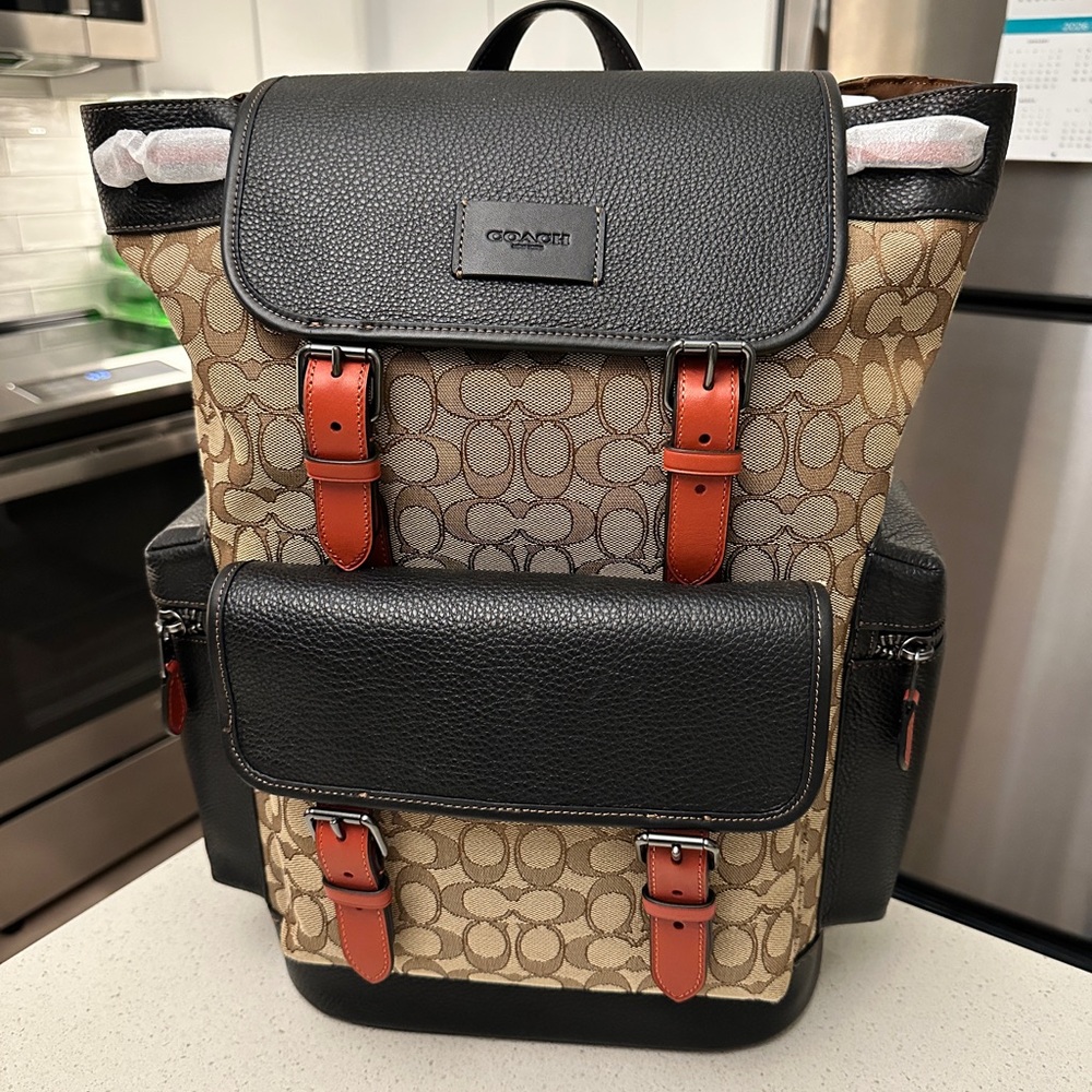 Coach Black and Brown Signature Jacquard Backpack with Tan Accents